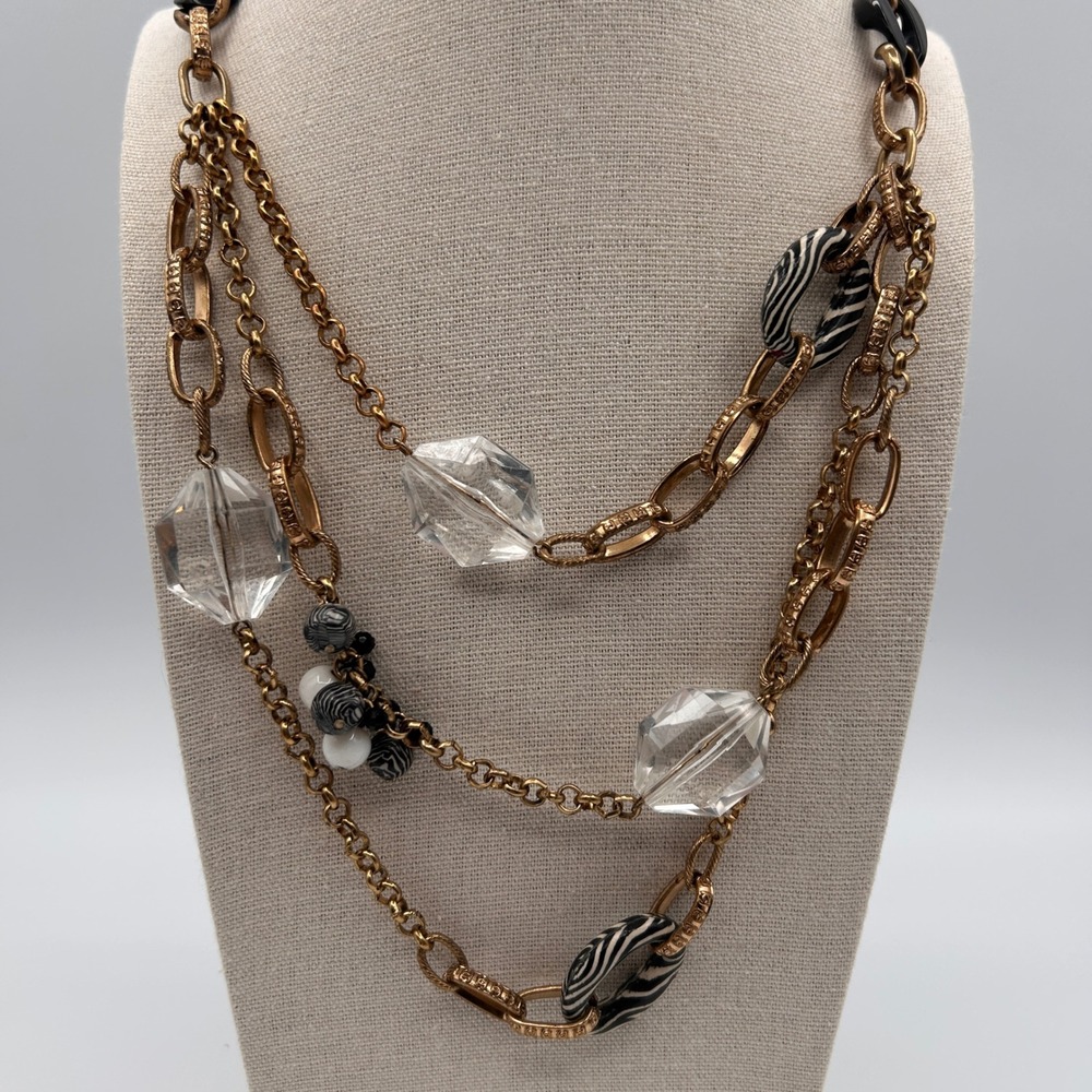 Gold Tone Layered Necklace Zebra Print Beads Multi Strand Statement 24"